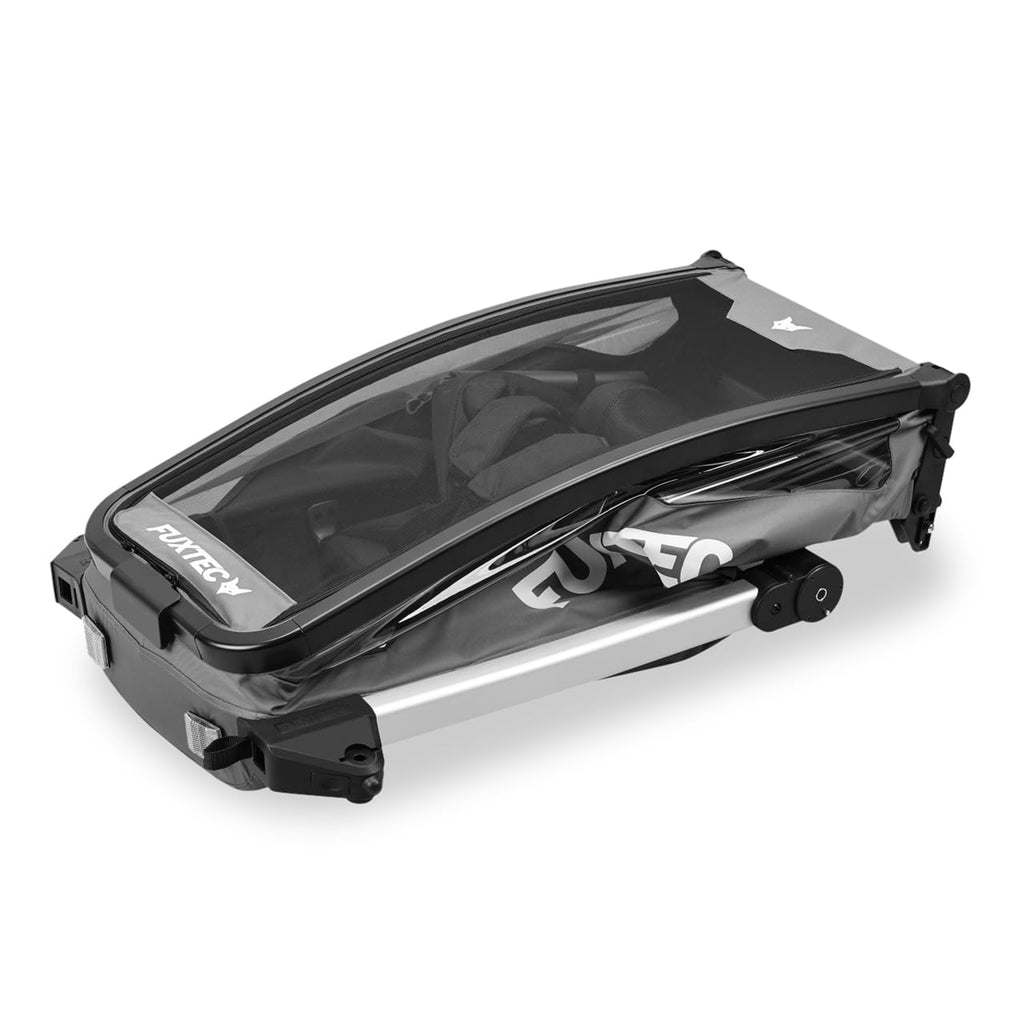 FUXTEC Kinderfahrradanhänger FX-FA1S, EIN-Sitzer faltbar mit Schiebegriff und Regenschutz, integrierter Anschnallgurt und Handgelenksband, max. Zuladung 35kg, inkl. Kupplung und Sicherheitsfahne