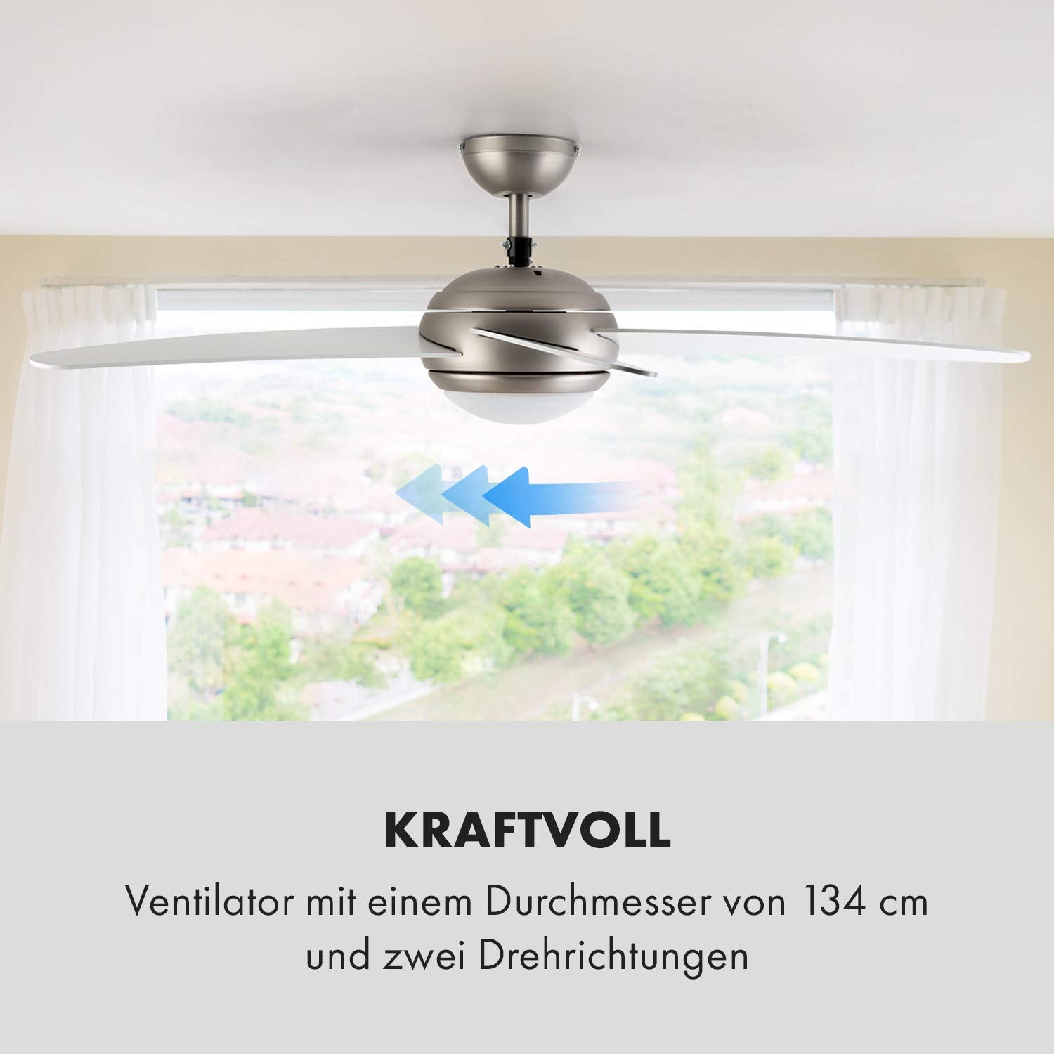 Klarstein Bolero - 2-in-1-Deckenventilator 134cm durchmessender Ventilator, Leuchte 55W Leistung, Holzflügel, Fernbedienung, 50 dB, 3 Drehgeschwindigkeiten: schnell, mittel, langsam, weiß