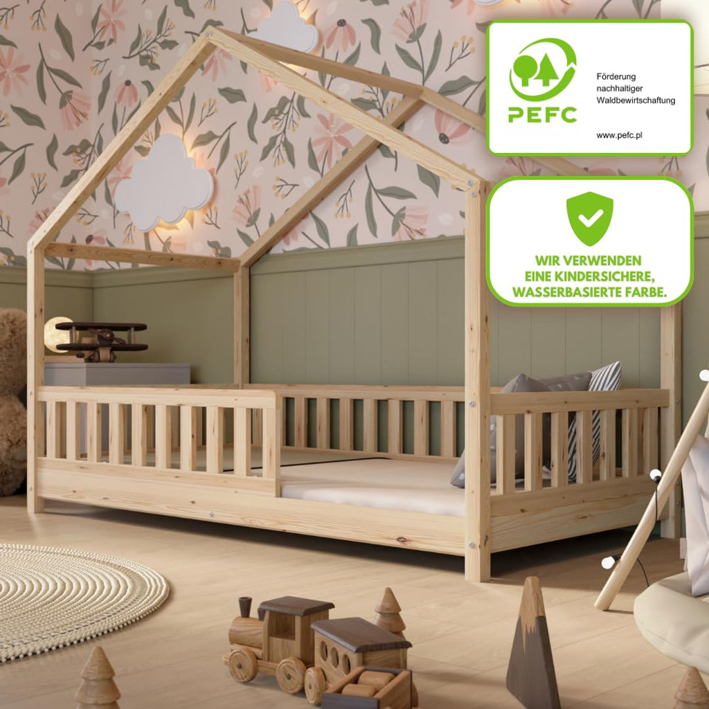 Crazy Pine Hausbett 140x200 cm – Kinderbett aus Naturholz mit Rausfallschutz – Montessori Bodenbett mit Höhenverstellbaren Beinen und Abnehmbarer Barriere - Crazy House