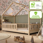 Crazy Pine Hausbett 140x200 cm – Kinderbett aus Naturholz mit Rausfallschutz – Montessori Bodenbett mit Höhenverstellbaren Beinen und Abnehmbarer Barriere - Crazy House