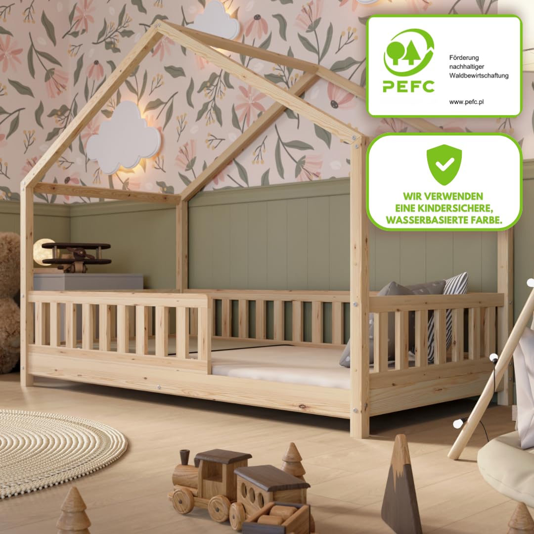 Crazy Pine Hausbett 140x200 cm – Kinderbett aus Naturholz mit Rausfallschutz – Montessori Bodenbett mit Höhenverstellbaren Beinen und Abnehmbarer Barriere - Crazy House