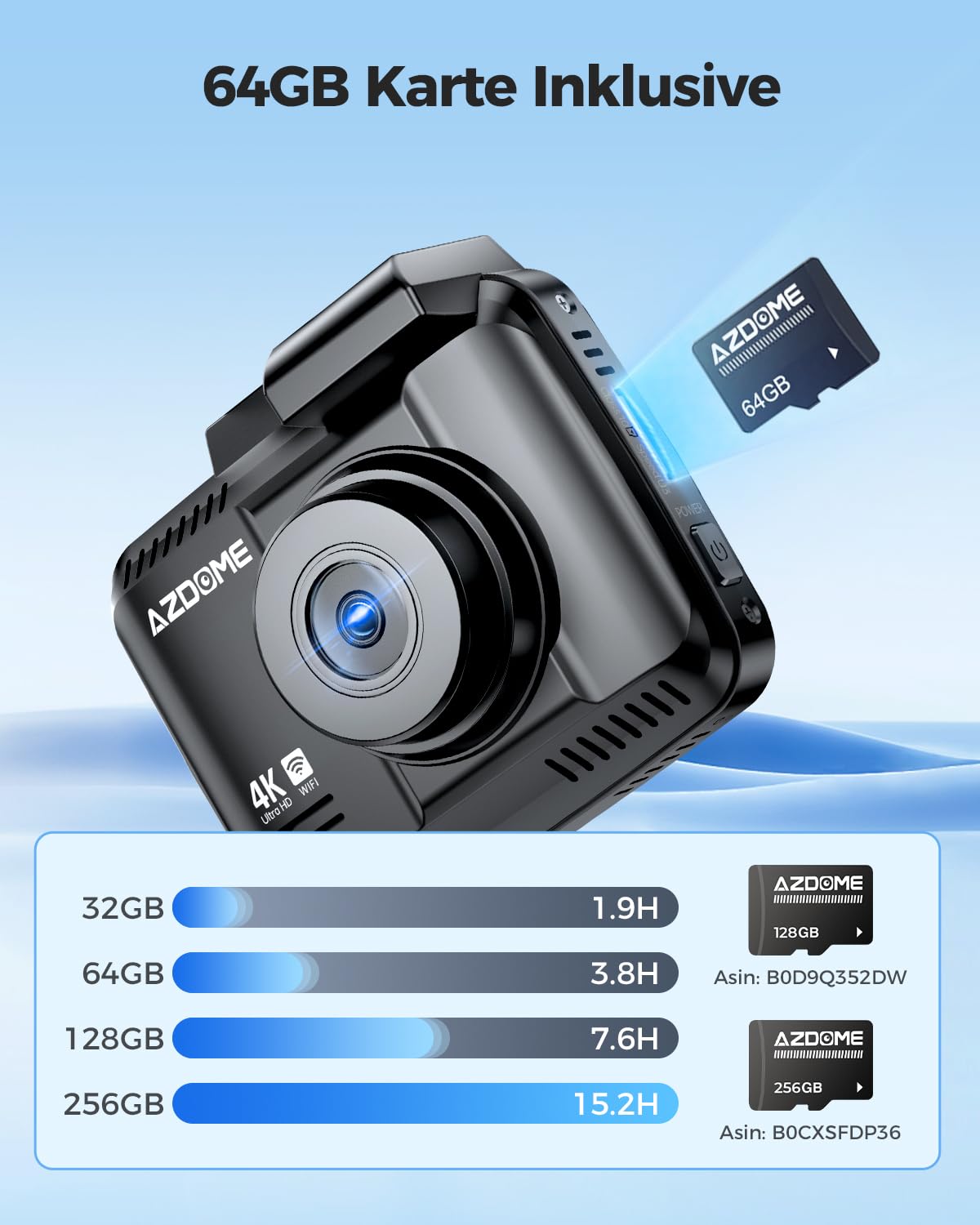 AZDOME Dashcam Auto Vorne Hinten 4K/2,5K GPS WiFi Dash Cam Auto mit Starvis, 64GB SD Karte, Auto Kamera, Parküberwachung, Super Nachtsicht, WDR, 170° Weitwinkel, G-Sensor, Loop-Aufnahme, GS63H Pro