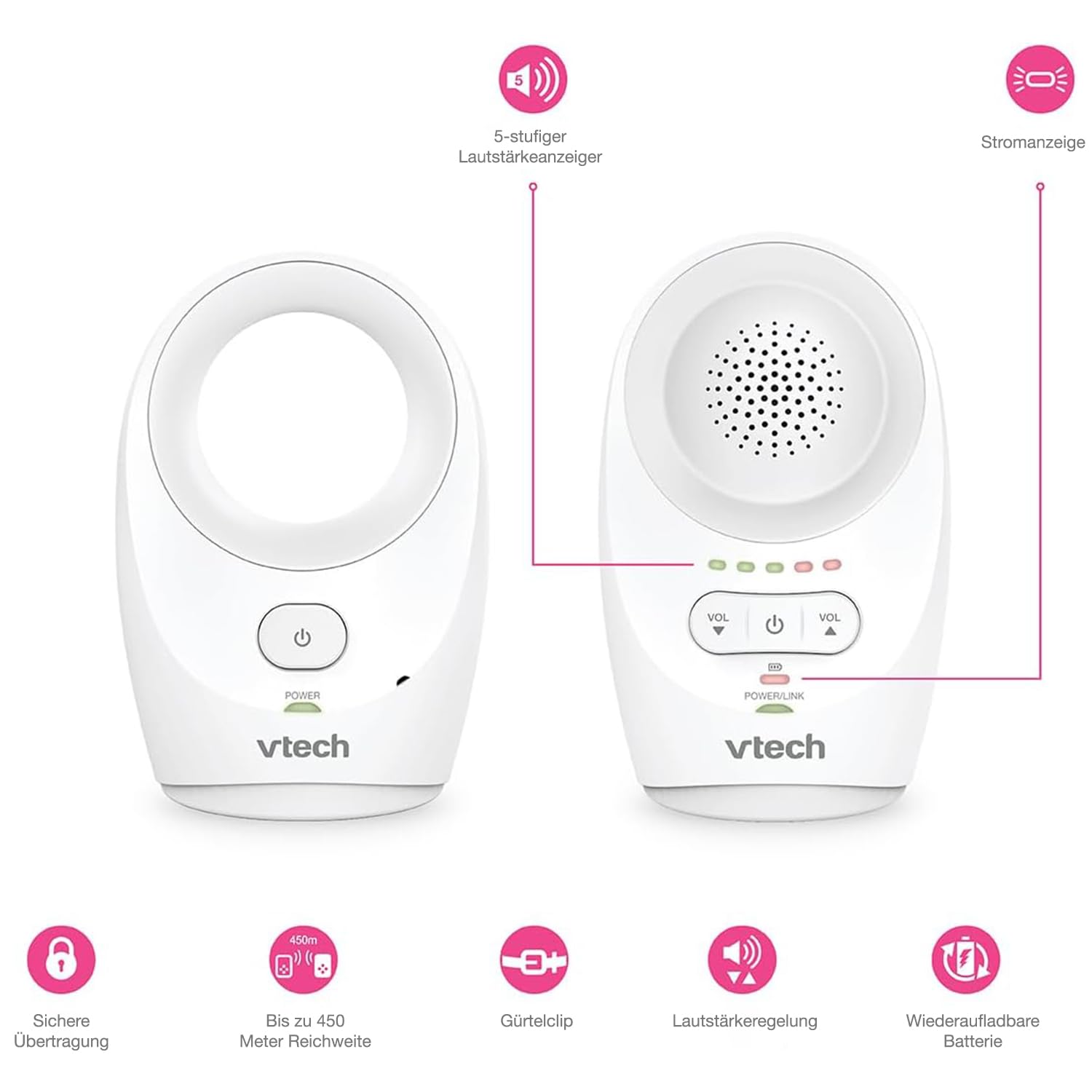 VTech BM1120 Baby-Audioüberwachungsgerät, klare Tonübertragung und Sicherheit, Lange Reichweite, 5-stufige LED-Lautstärkeanzeige, Gürtelclip, wiederaufladbare Batterien