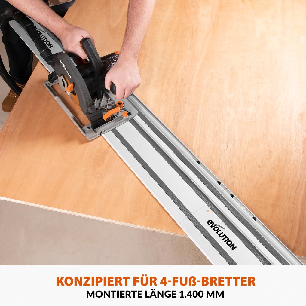 Evolution ST1400-G2 Führungsschiene Kreissägen Universal passend für die meisten Marken Makita, Metabo Bosch, Festool, 1,4m (2 x 700 mm ) Selbstausrichtende Verbindungsschienen, Endanschlag-Zubehör