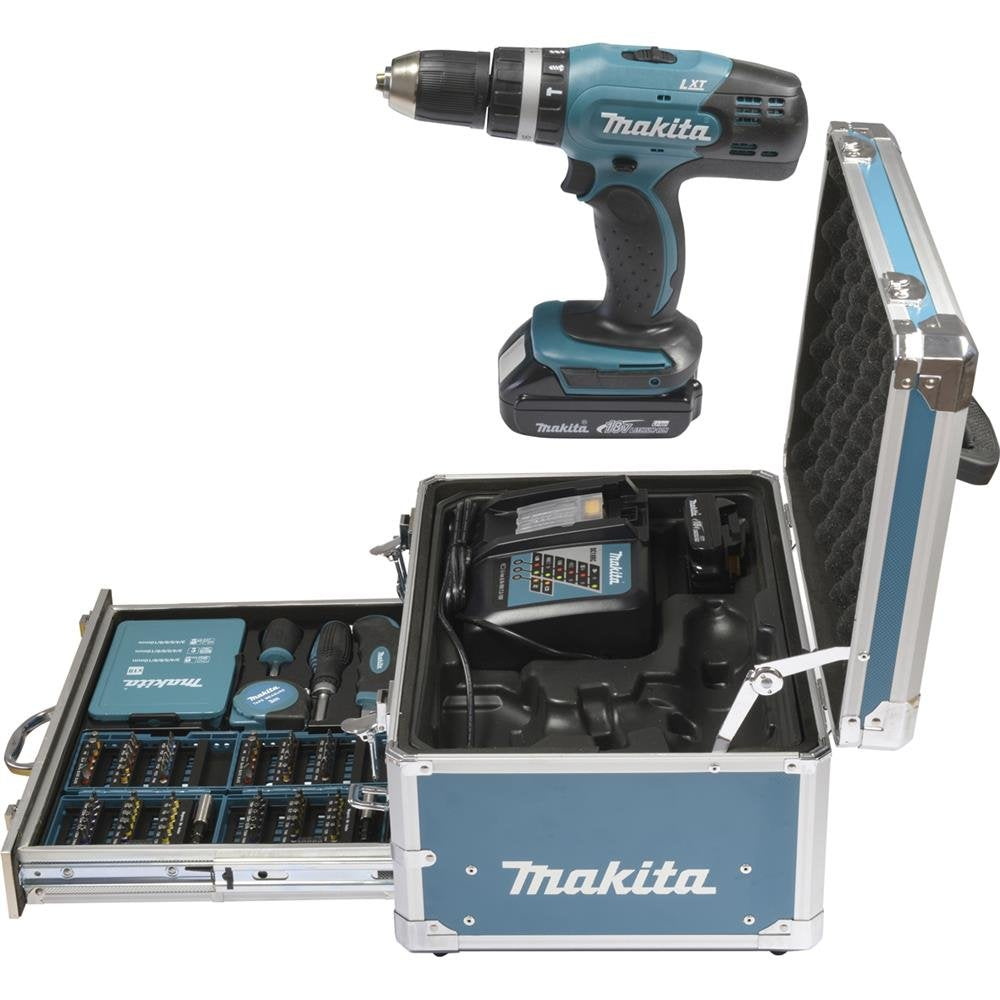 Makita Akku-Schlagbohrschrauber 18 V / 3 Ah im Zubehörset, Blau, Alukoffer (96 tlg.)