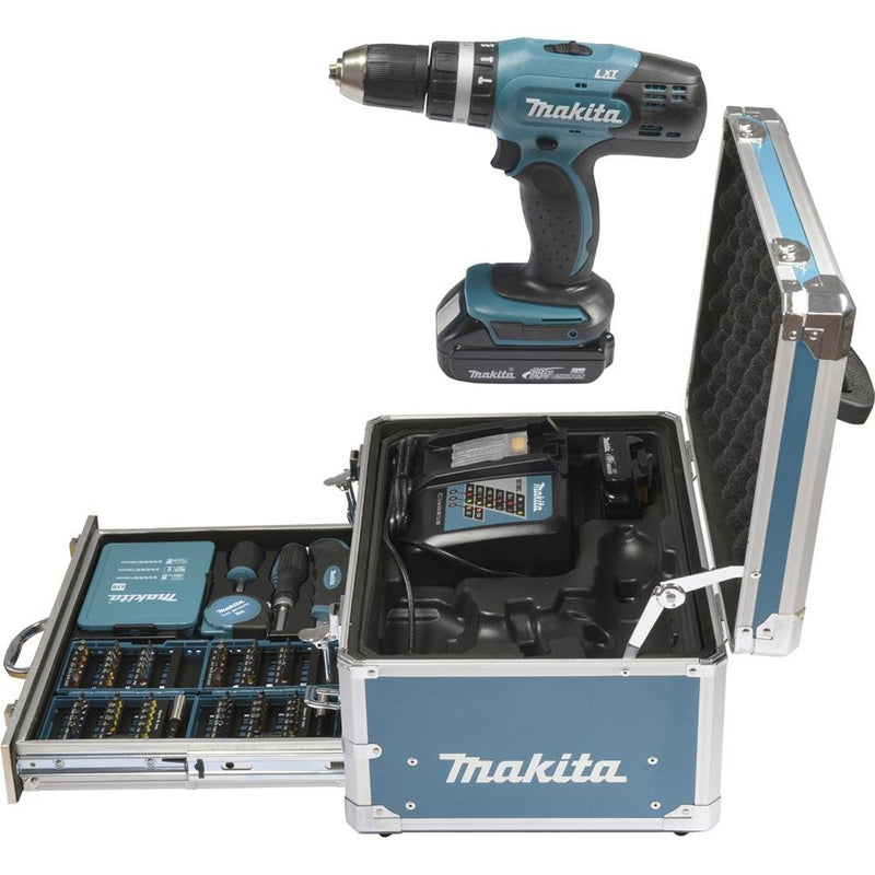 Makita Akku-Schlagbohrschrauber 18 V / 3 Ah im Zubehörset, Blau, Alukoffer (96 tlg.)