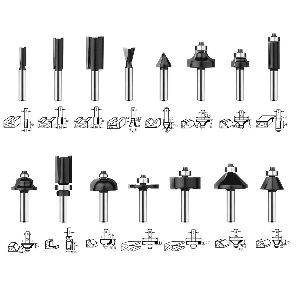 BAIDETS Pro 15tlg. Fräser Set für Holz - Hartmetall Fräsersatz, Zubehör Oberfräsen mit 8mm Schaft, in Robuster Holzbox.