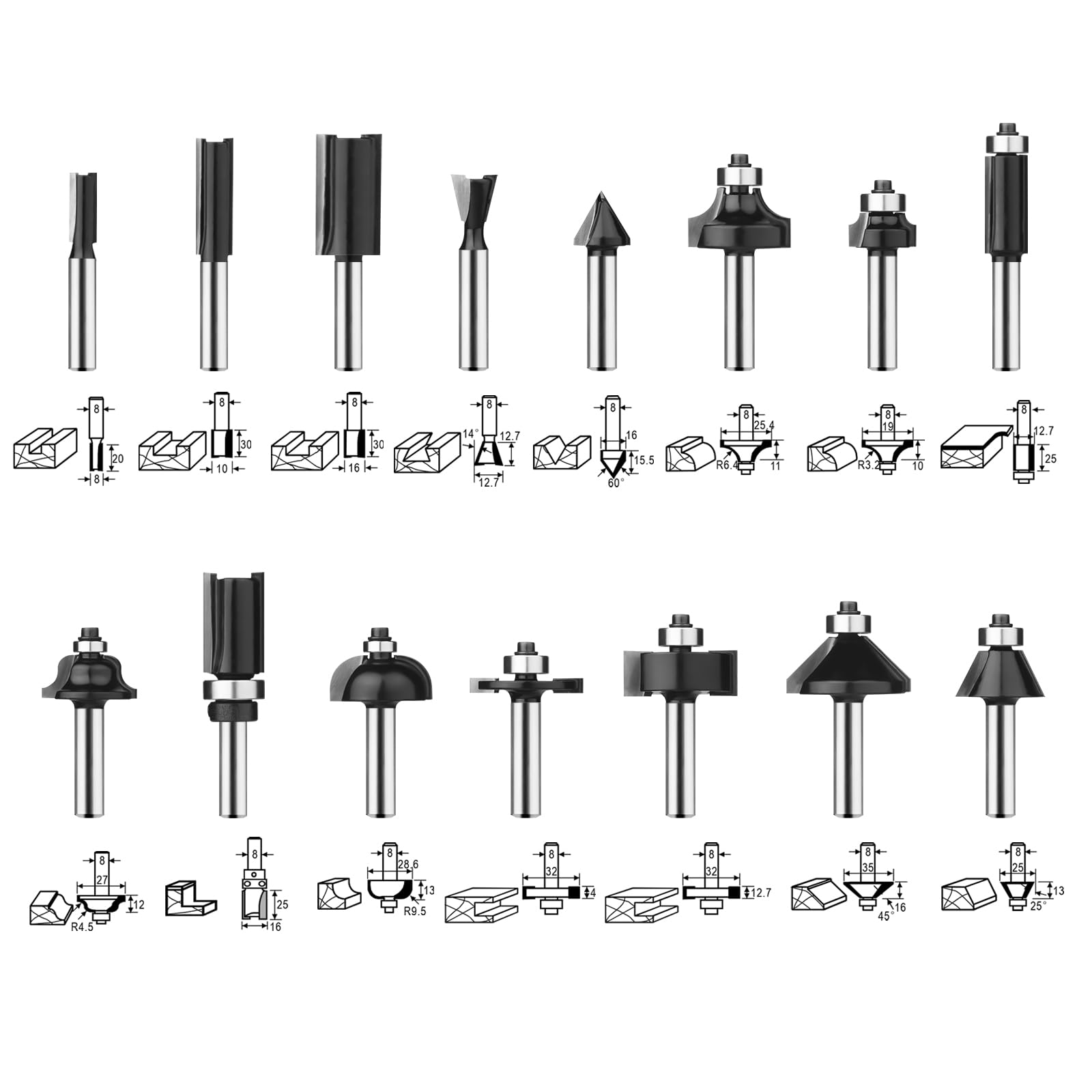 BAIDETS Pro 15tlg. Fräser Set für Holz - Hartmetall Fräsersatz, Zubehör Oberfräsen mit 8mm Schaft, in Robuster Holzbox.