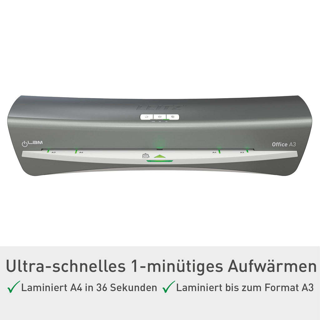 Leitz iLAM Office A3 Laminiergerät, ultraschnelle Aufwärmzeit von 1 Min, für 75-125 mic Folien, Eingabehilfen-LEDs & LED-Status, Anti-Stau, Auto-Abschaltung, inkl 5 Laminierfolien, Grau/Weiß, 72530084