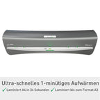 Leitz iLAM Office A3 Laminiergerät, ultraschnelle Aufwärmzeit von 1 Min, für 75-125 mic Folien, Eingabehilfen-LEDs & LED-Status, Anti-Stau, Auto-Abschaltung, inkl 5 Laminierfolien, Grau/Weiß, 72530084