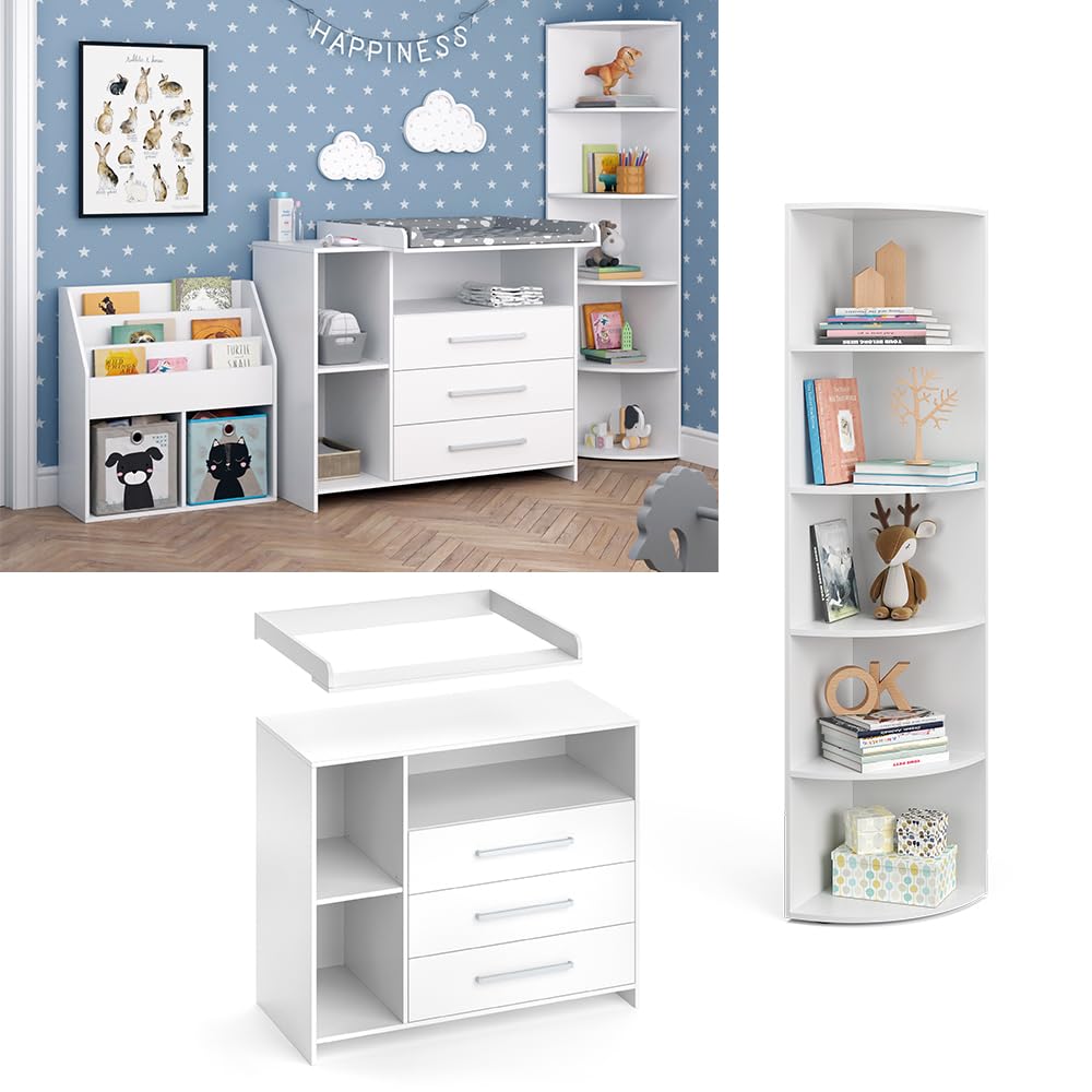 Vicco Kinderzimmer-Set Weiß Oskar 2 Teile, mit Wickelkommode und Spielzeugregal - 113x100x70 cm aus Spanplatte - Babymöbel Set für Kleinkinder, Durchdachte Möbellösung für Dein Zuhause