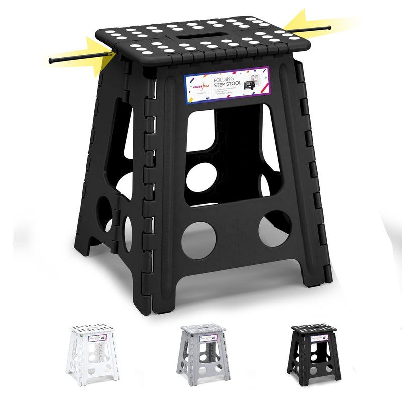HOUSE DAY 40cm Tritthocker Klappbar - Schwarz Faltbarer Hocker Tritthocker Tragbarer Klapphocker Faltbar Tritt Klappbar Falthocker Badhocker Klappstuhl Fußhocker bis 136kg für Erwachsenen
