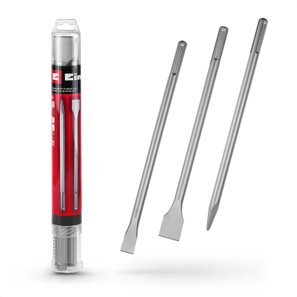 Original Einhell 3-tlg. SDS Max Meißel-Set, 400 mm (mit Spitzmeißel, 20 mm breitem Flachmeißel, und 40 mm breitem Spatmeißel aus langlebigem 40Cr Stahl für Abbruch- und Renovierungsarbeiten)