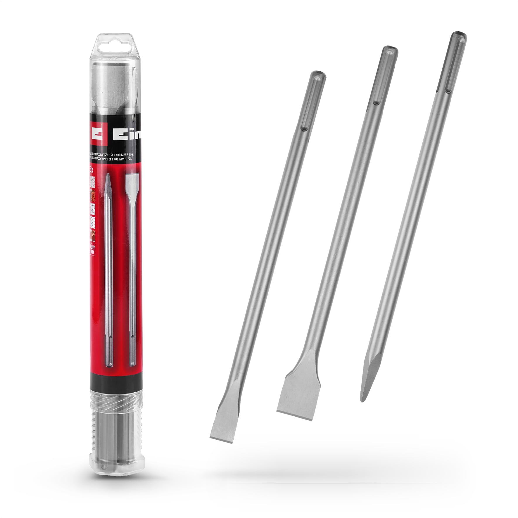 Original Einhell 3-tlg. SDS Max Meißel-Set, 400 mm (mit Spitzmeißel, 20 mm breitem Flachmeißel, und 40 mm breitem Spatmeißel aus langlebigem 40Cr Stahl für Abbruch- und Renovierungsarbeiten)