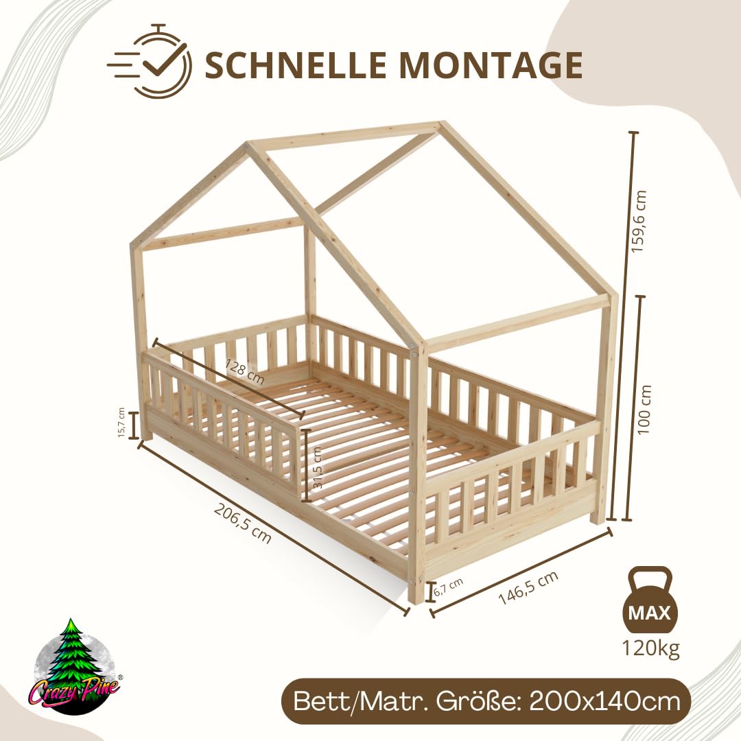 Crazy Pine Hausbett 140x200 cm – Kinderbett aus Naturholz mit Rausfallschutz – Montessori Bodenbett mit Höhenverstellbaren Beinen und Abnehmbarer Barriere - Crazy House