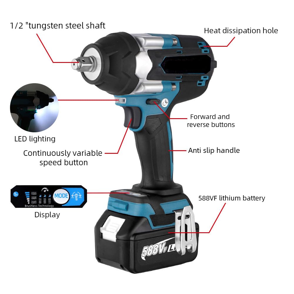 1200N.M Akku-Schlagschrauber,1/2 Zoll Schlagschrauber,Kompatibel mit Makita 18V, Multifunktions-Schlagschraubers mit LED-Licht, mit Akku, 7200 rpm, 4 Geschwindigkeiten, für Auto und Haus (Blau)