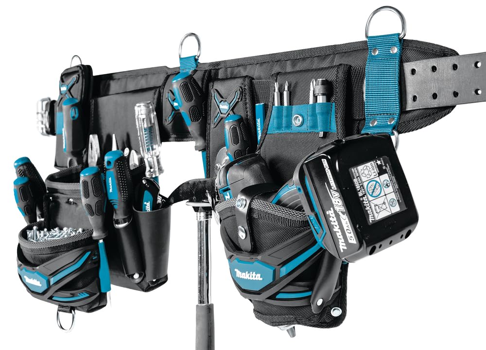 Makita E-15235 Super-Schwerlast-Hüftgurt-Set, bestehend aus Schwerlastgürtel, Schrauberholster, Hammerhalter, 2-Fächer-Werkzeugtasche, Smartphonetasche, Polyester, 880 x 310 mm (LxH)