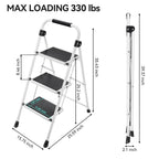 KINGRACK 3 Stufen Leiter, Trittleiter mit Handläufen, Stufenleiter, Klappleiter Tritthocker, Klapptritthocker für Erwachsene mit Griff, Haushaltsleiter Anti-Rutsch-stabilem und breitem Pedal, weiß