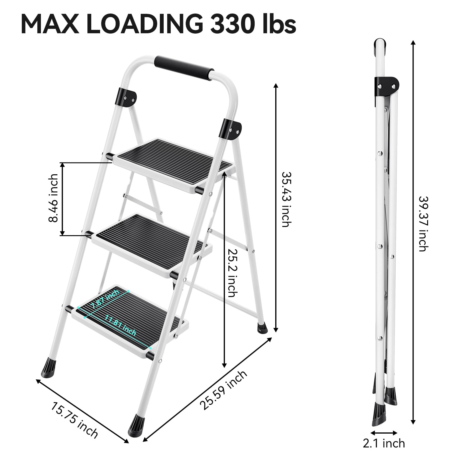 KINGRACK 3 Stufen Leiter, Trittleiter mit Handläufen, Stufenleiter, Klappleiter Tritthocker, Klapptritthocker für Erwachsene mit Griff, Haushaltsleiter Anti-Rutsch-stabilem und breitem Pedal, weiß