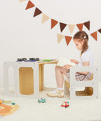 Yorbay Tisch und Stuhl Set für Kinder Kinderschreibtisch mit 1 Hockern, Kindersitzgruppe 3 in 1-Wendehocker & zum Kinderarbeitsplatz umwandelbarer Kinderbank, Kindermöbel 61,5 x 50 x 46 (Natur, L)