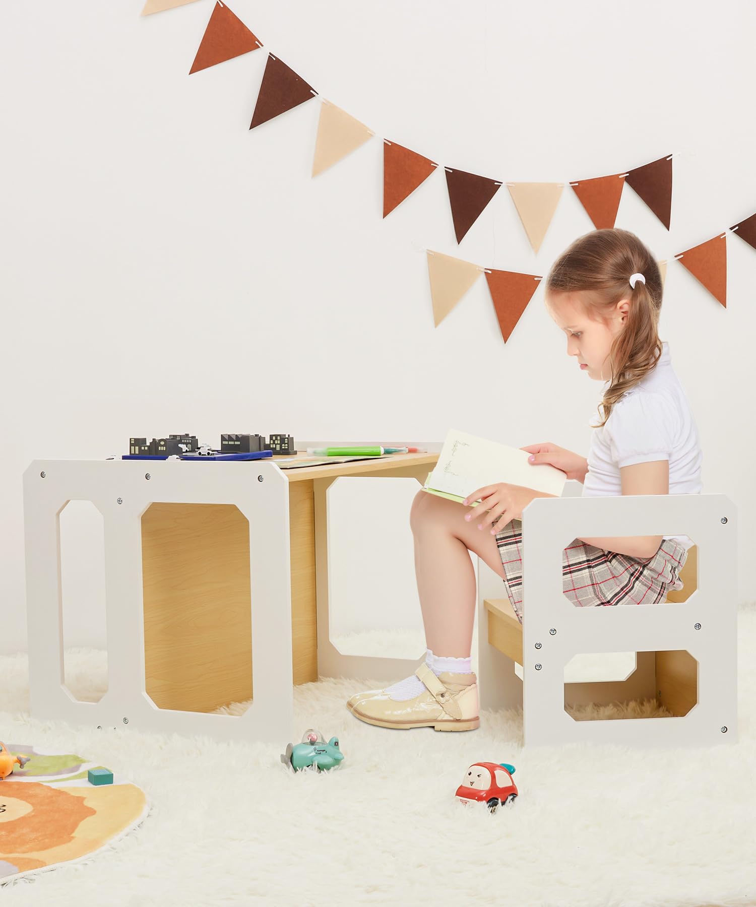 Yorbay Tisch und Stuhl Set für Kinder Kinderschreibtisch mit 1 Hockern, Kindersitzgruppe 3 in 1-Wendehocker & zum Kinderarbeitsplatz umwandelbarer Kinderbank, Kindermöbel 61,5 x 50 x 46 (Natur, L)