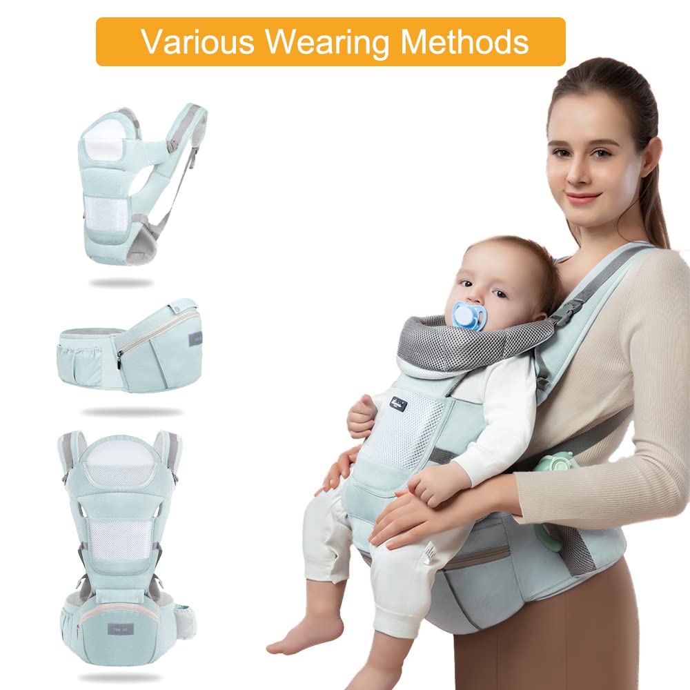 Azeekoom Babytrage Ergonomischemit Hüftsitz, Baumwolle Kindertrage Dorsal und Ventral, Leicht Atmungsaktive, Verstellbare Kopfstütze für Babys und Kinder von 0 bis 48 Monat (3,5 bis 25 kg)