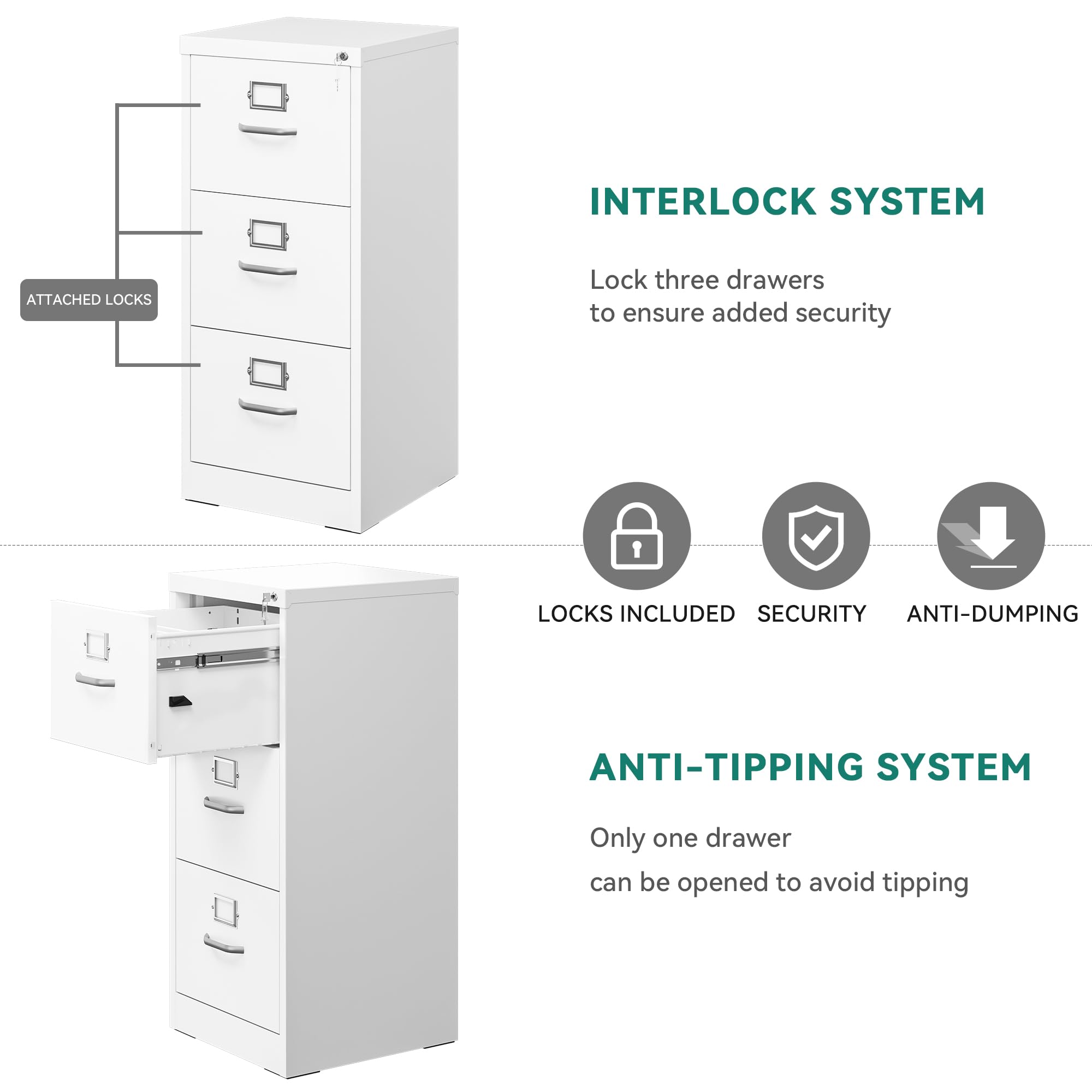 YITAHOME Aktenschrank Abschließbar, Metall Aktenschränke mit 3 Schubladen für A4, Legal, Letter, Anti-Kippen Büroschrank mit Cue-Kartenschlitz für Home-Office, Weiß, 45.8 x 45 x 103cm