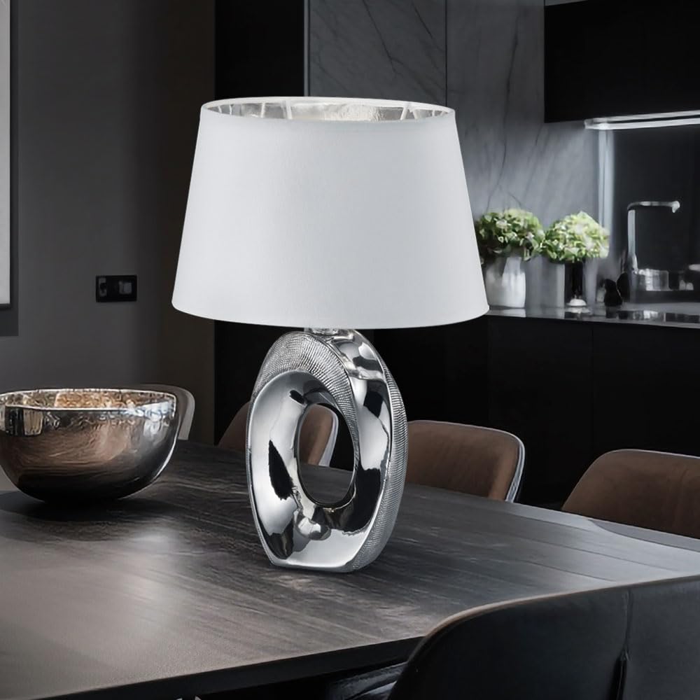 Reality Leuchten Taba R50511089 Tischleuchte, Keramik, Stoffschirm Weiß/Silberfarbig, Höhe 33cm