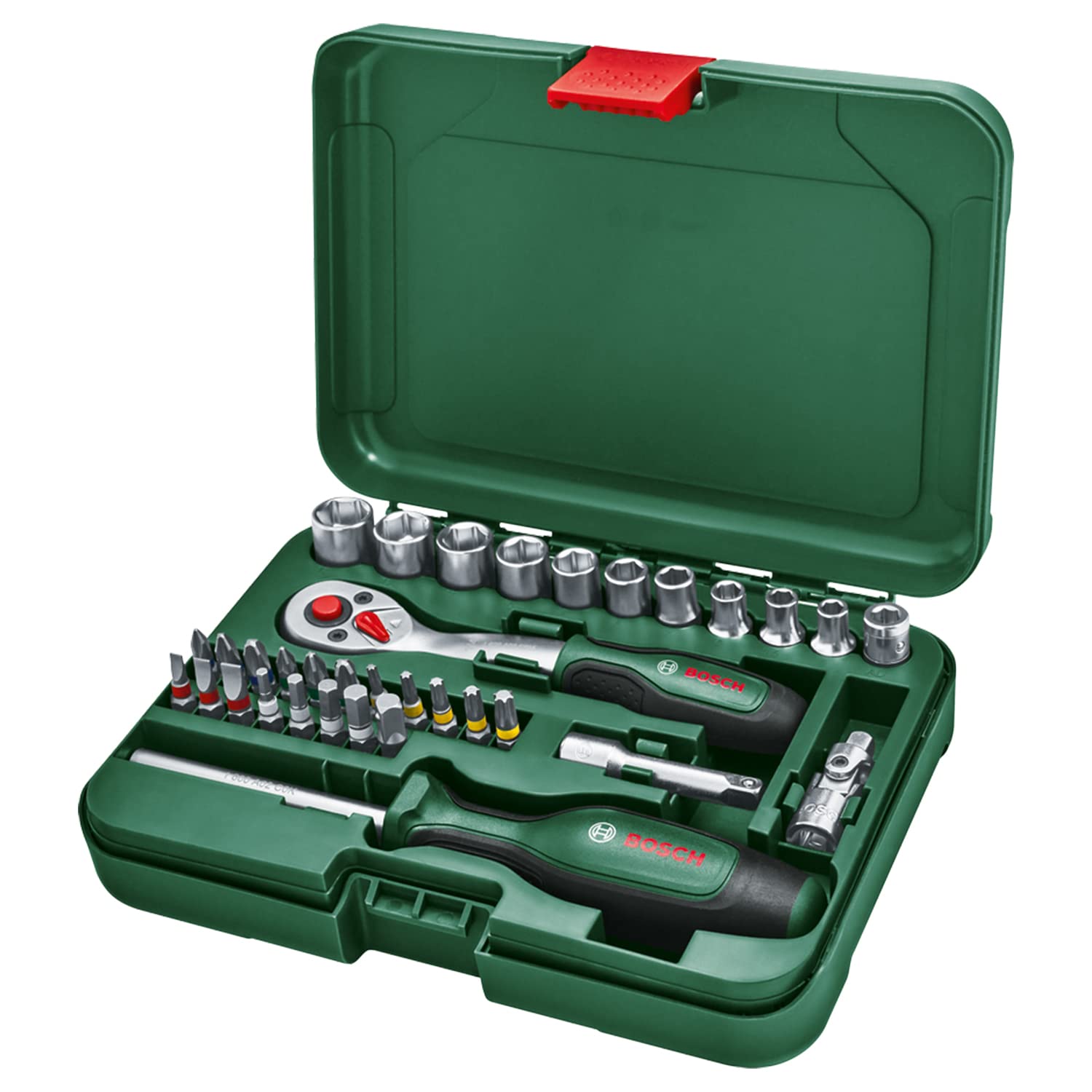 Bosch Ratschen / ¼"Steckschlüsselsatz-Set, 34-teilig (hochwertiger und vielseitiger Steckschlüsselsatz für zahlreiche Heimwerkeraufgaben; ergonomischer Griff mit Softgrip; magnetische Bit-Aufnahme)
