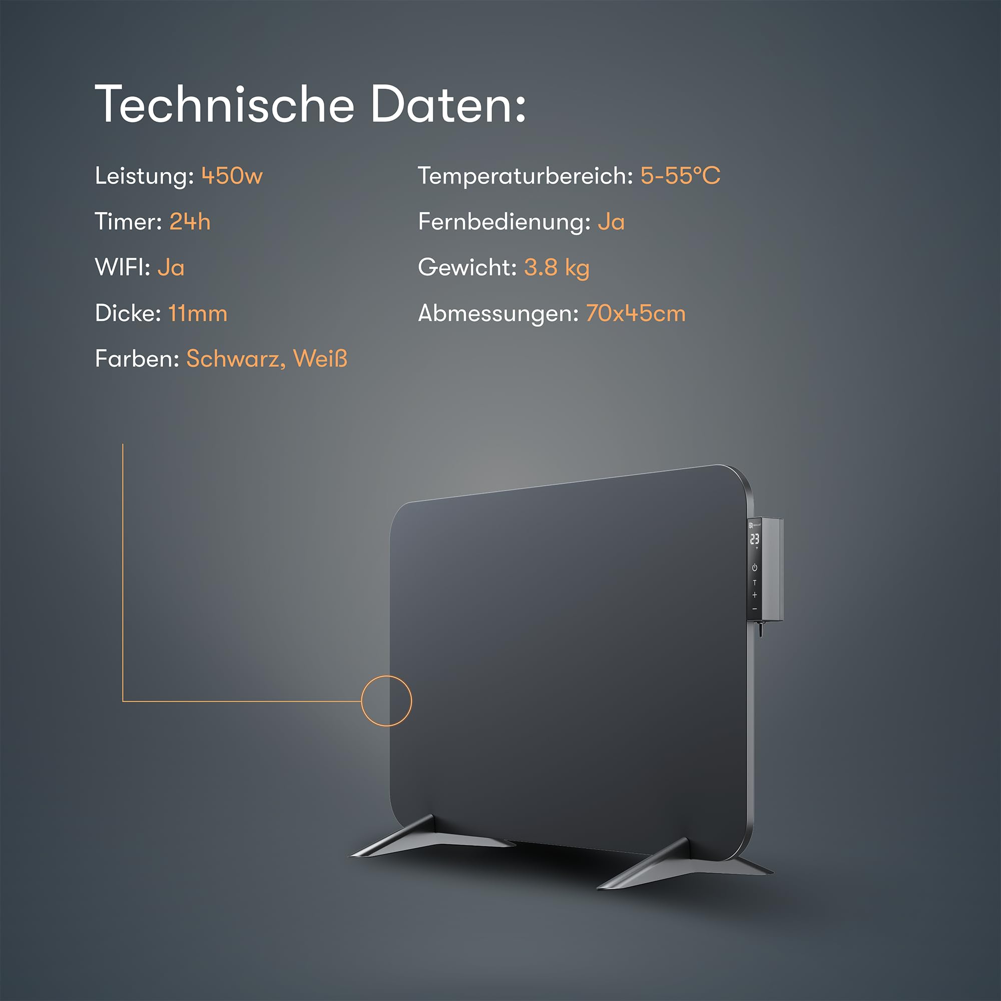 BR Bringer Infrarotheizung 450 Watt mit Smart Thermostat, WIFI & App - für Wandmontage oder als Standgerät für kleine Räume bis 10m² - sehr Energiesparend - Deutsche Qualitätsmarke (schwarz)