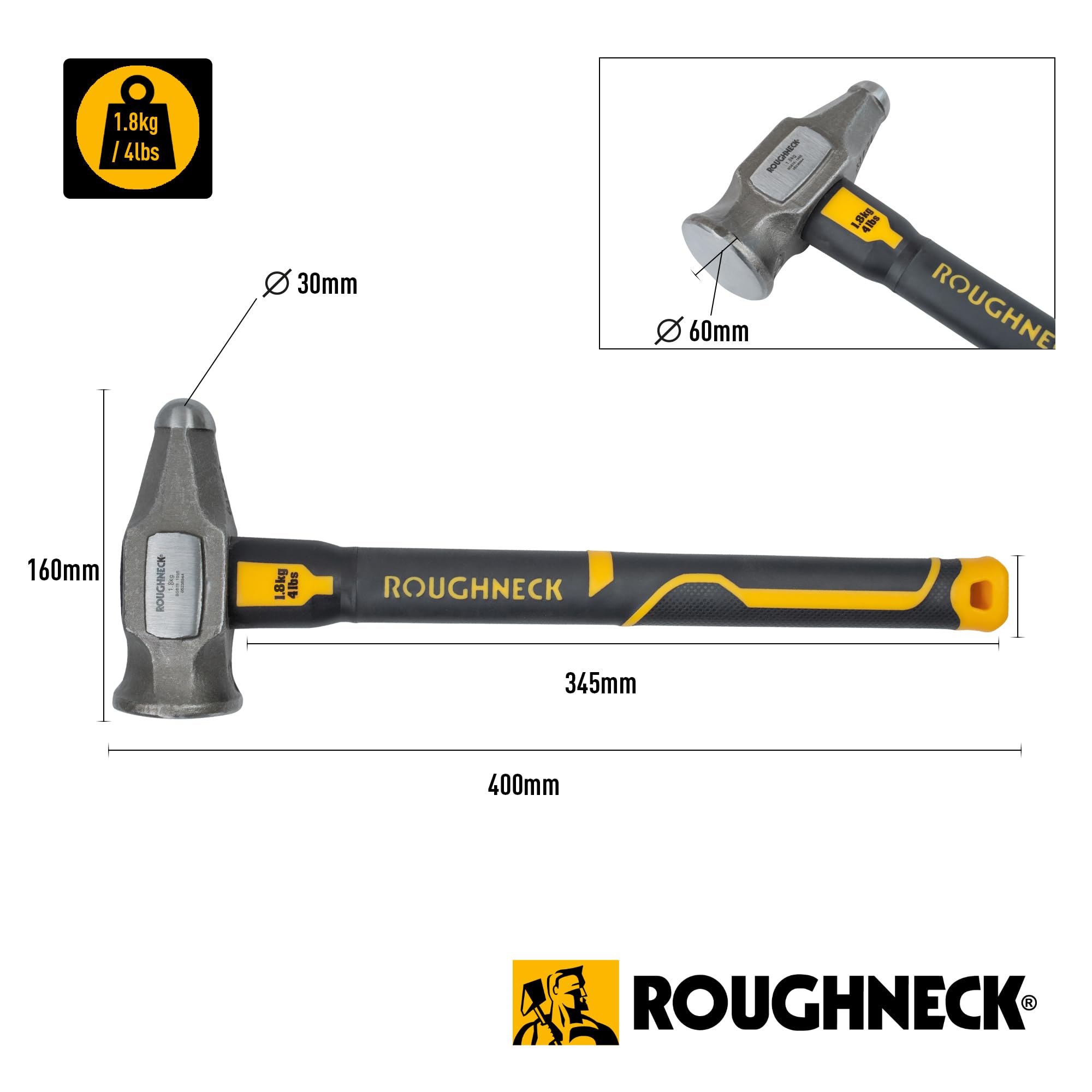 Roughneck Gorilla ROU65804 Mini-Vorschlaghammer, Fiberglas, 1,8 kg/1,8 kg, mit Kompressions-Griff