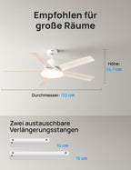 Dreo Smart Deckenventilator mit Licht, 132 cm, 12 Geschwindigkeiten, 3 Modi, stufenlos dimmbares LED-Beleuchtung, leiser DC-Motor, 12H-Timer, Fernbedienung/APP/Alexa, für Innenräume, Weiß
