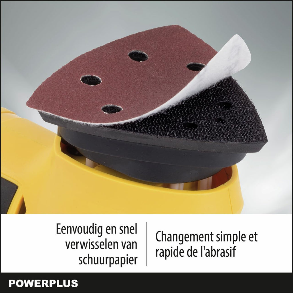 Powerplus Delta-Schleifer POWX0490-300 W Dreieck Schleifmaschine - 3 dreieckige Schleifpapierblätter und Vakuumadapter - Schleifen Holz & Keramik - Trockenbau Wand Dreieckschleifer