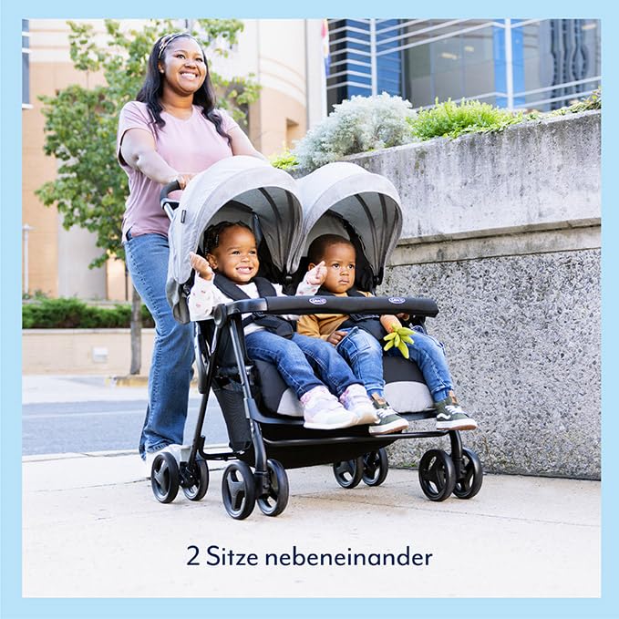 Graco DuoRider™ Doppel-Kinderwagen, Geschwisterwagen, ab Geburt bis ca. 3 Jahre (15 kg), leicht, schnell zusammenklappbar, freistehend, großer Staukorb, inkl. Regenverdeck, grau, Steeple Gray