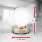 B.K.Licht - Nachttischlampe mit Touch, Dimmbar, E14 Fassung, Kugel Glas weiß, Tischlampe, Lampe, Nachttischleuchte, Tischleuchte, Bürolampe, Leselampe, Leselicht, 12,6x15,7 cm (DxH), Matt-nickel