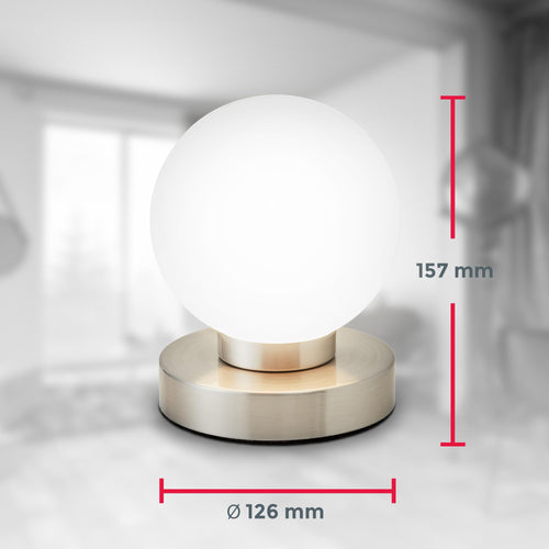 B.K.Licht - Nachttischlampe mit Touch, Dimmbar, E14 Fassung, Kugel Glas weiß, Tischlampe, Lampe, Nachttischleuchte, Tischleuchte, Bürolampe, Leselampe, Leselicht, 12,6x15,7 cm (DxH), Matt-nickel