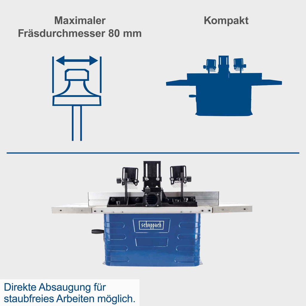 Scheppach Fräsmaschine HF60 Tischfräsmaschine | 230V 1500W | Spannzangen 6/8/12mm | Spindelhöhe max. 40mm | variable Drehzahlregulierung 11500 bis 24000 min-1 | inkl. Tischverbreiterungen
