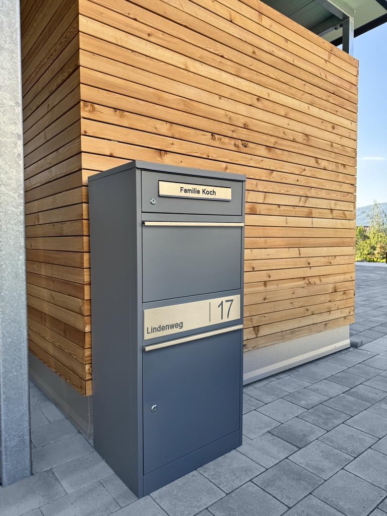 Metzler Paketbox, Briefkasten mit großem Paketfach in Anthrazit, personalisierte Paketbox für draußen, Standbriefkasten mit Paketfach, Paketkasten, Postbox mit Gravur, rostfrei und massiv - Bispo 2