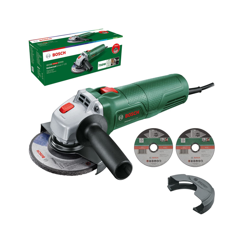 Bosch kompakter Winkelschleifer UniversalGrind 7-125 (750 W; 2x gerade Trennscheiben; 1x Schleifscheibe; zum Schleifen, Trennen und Bürsten; im Karton) – Amazon Edition