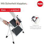 Hailo MK60 Mini Stahl-Trittleiter - 2 große Stufen mit Anti-Rutsch-Matten bis 150kg - Klappsicherung mit Entriegelungstaste - Tragegriff - Klapptrittleiter rostfrei und einfach zu verstauen - weiß