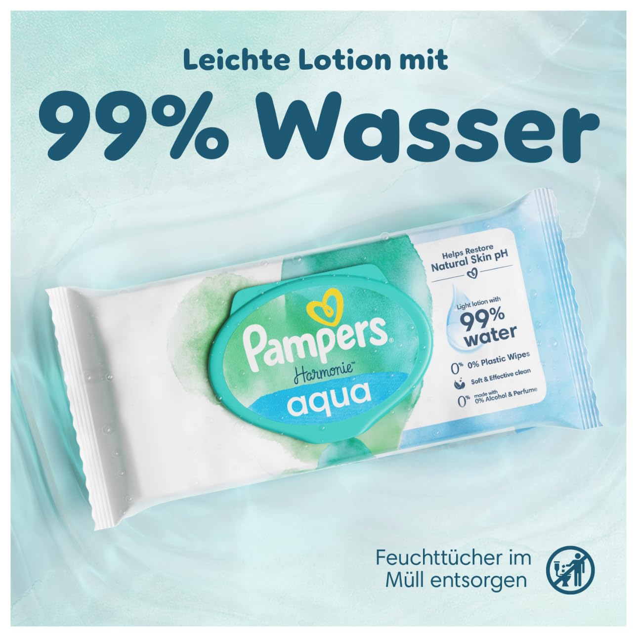 Pampers Harmonie Aqua Feuchttücher 15 Packungen mit jeweils 48 Feuchttüchern - 720 Feuchttücher, die helfen, den natürlichen pH-Wert der Haut wiederherzustellen, leichte Lotion mit 99% Wasser