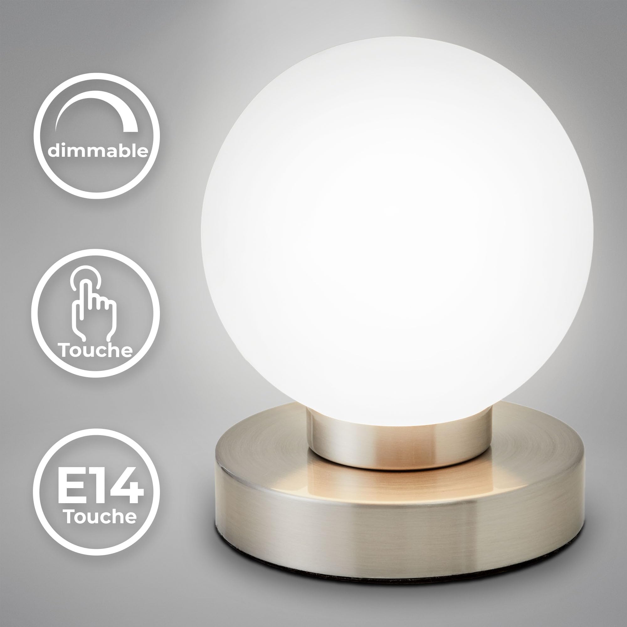B.K.Licht - Nachttischlampe mit Touch, Dimmbar, E14 Fassung, Kugel Glas weiß, Tischlampe, Lampe, Nachttischleuchte, Tischleuchte, Bürolampe, Leselampe, Leselicht, 12,6x15,7 cm (DxH), Matt-nickel