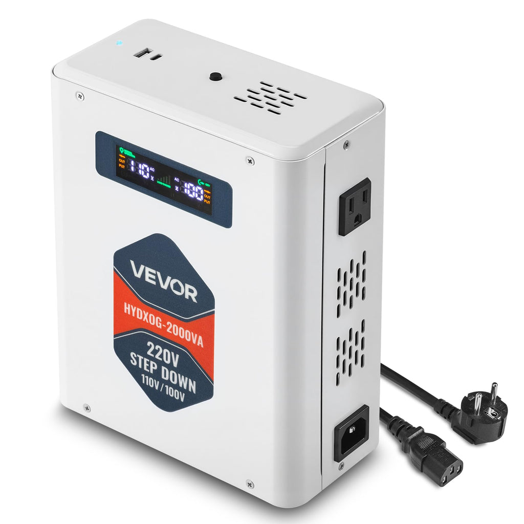 VEVOR Spannungswandler Abwärts, 2000 VA, Hochleistungs-Konverter, 220 V auf 110 V Leistungstransformator, mit 2 US-Steckdosen, USB-Ausgang, LCD-Display, Temperaturschutz, für 110-V-Geräte