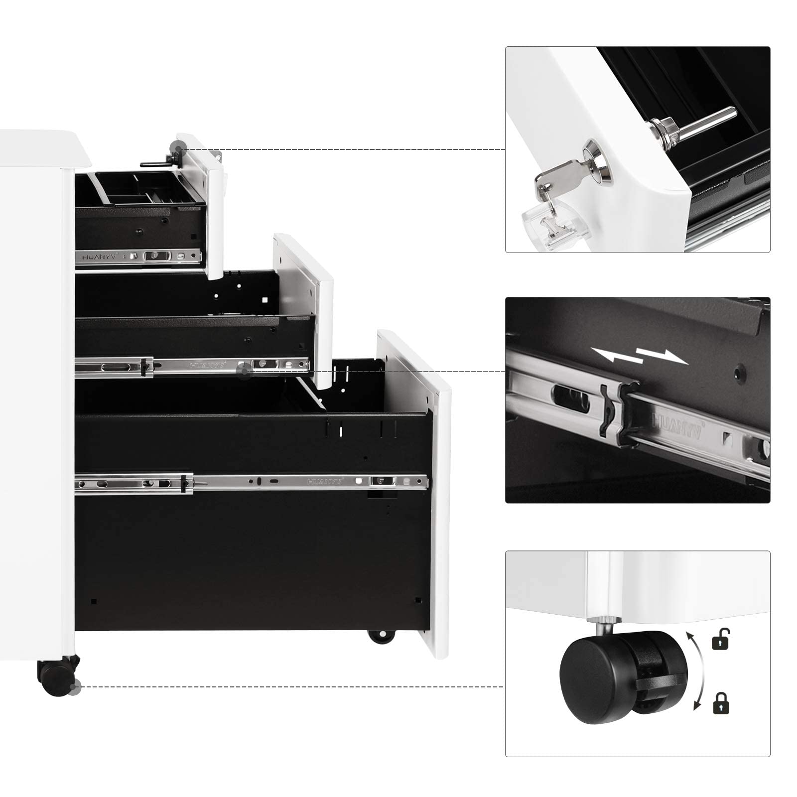 SONGMICS Rollcontainer, Aktenschrank, Büroschrank mit Rollen, Schreibtisch, Unterschrank, abschließbar, Schubladen, Dokumente in DIN-A4-, Legal-, Letter-Format, Hängeregistratur, weiß OFC030W01