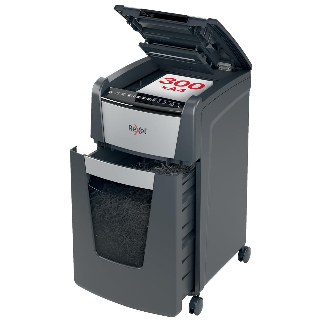 Rexel Optimum AutoFeed+ 300X Automatischer Aktenvernichter, 300 Blatt automatisch, Sicherheitsstufe P4, Partikelschnitt, für Büros und Abteilungen, 60 Liter Abfallbehälter, mit Lenkrollen, 2020300XEU