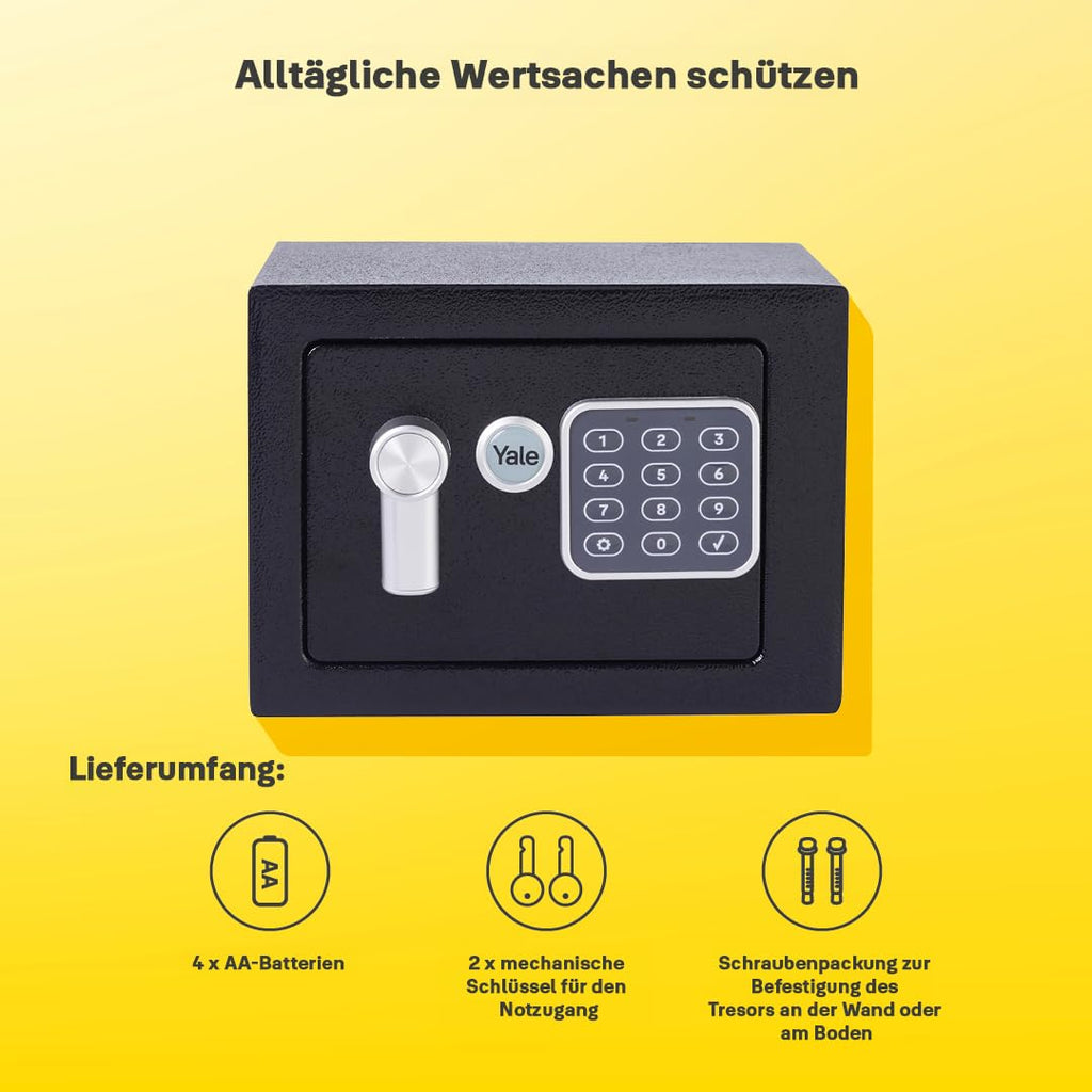 Yale Elektronischer Safe YSV/170/DB2, 3–8-stelliger PIN-Code, Anti-Bumping-Schloss, Auto-Sperre, LED-Indikatoren, gepolsterter Innenraum, Wand/Boden-Montage, Maße 170×230×170 mm, Volumen 3,8 L