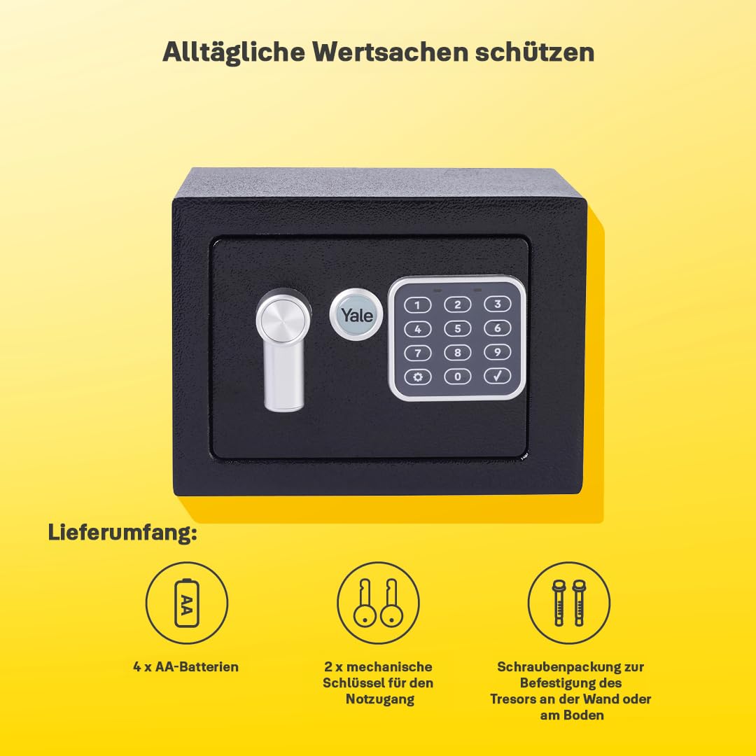 Yale Elektronischer Safe YSV/170/DB2, 3–8-stelliger PIN-Code, Anti-Bumping-Schloss, Auto-Sperre, LED-Indikatoren, gepolsterter Innenraum, Wand/Boden-Montage, Maße 170×230×170 mm, Volumen 3,8 L