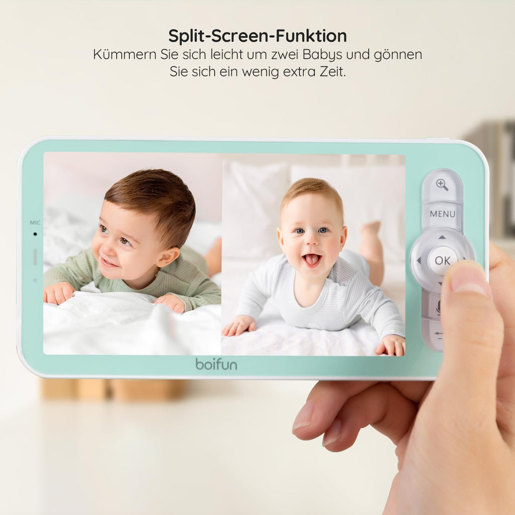 BOIFUN Babyphone mit 2 Kamera App, 2K QHD Bild, 355° Schwenken-60° Neige, 4×Zoom, Automatische Verfolgung, Weinen/Bewegungs/Geräuscherkennung, Temperatur und Feuchtigkeitsmessung