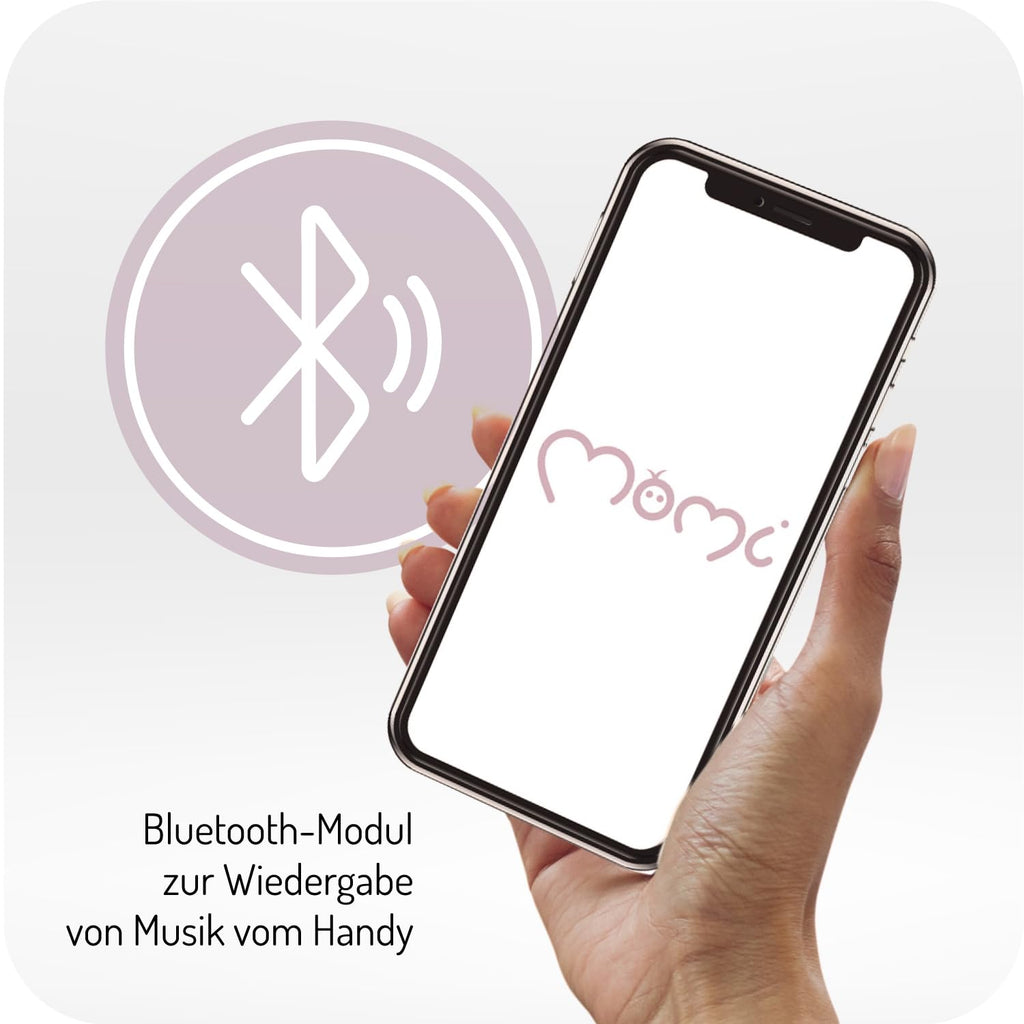 MoMi KENANI Babywippe für Kinder bis 9 kg, klappbar, mit Fernbedienung & Bluetooth zum Verbinden mit Smartphone, Batterie- oder Stromanschluss, mit 5-Punkt-Sicherheitsgurt, Sonnenschutz, Insektennetz