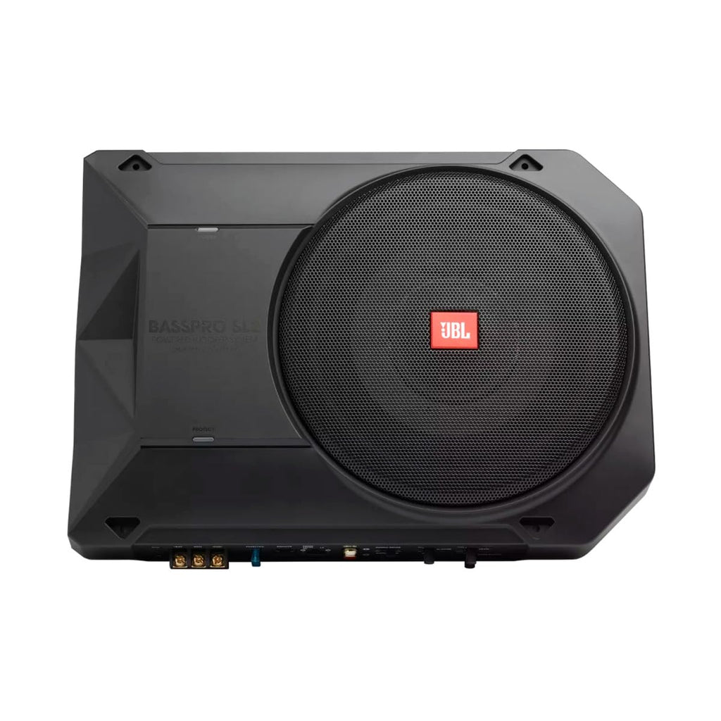 JBL BassPro SL2 Aktiv Subwoofer Auto Set - Car hifi Untersitz Bassbox Gehäuse mit Bassreflex Woofer box groß 200mm und 125 Watt aktiver Verstärker, Schwarz, 44
